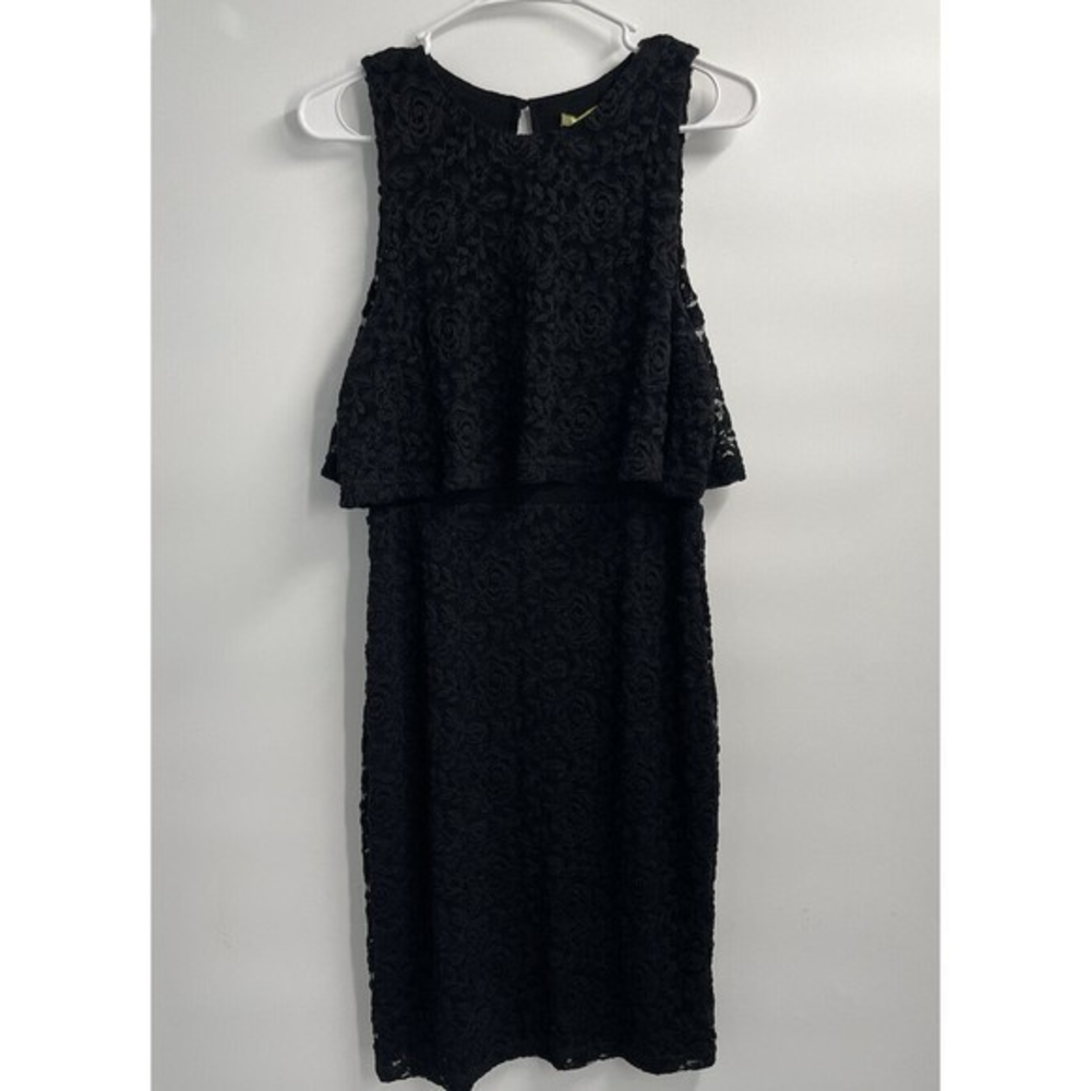 Gianni Bini Large Lace Popover Sheath Dress Women Black Floral Tiered Sleeveless